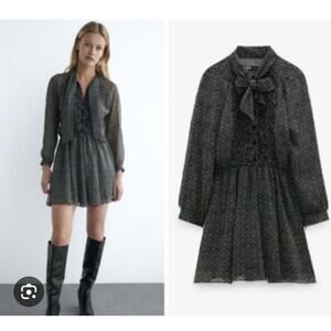 Zara Black Printed Chiffon Tie Neck Long Sleeve Sheer Romper Size XS NWT